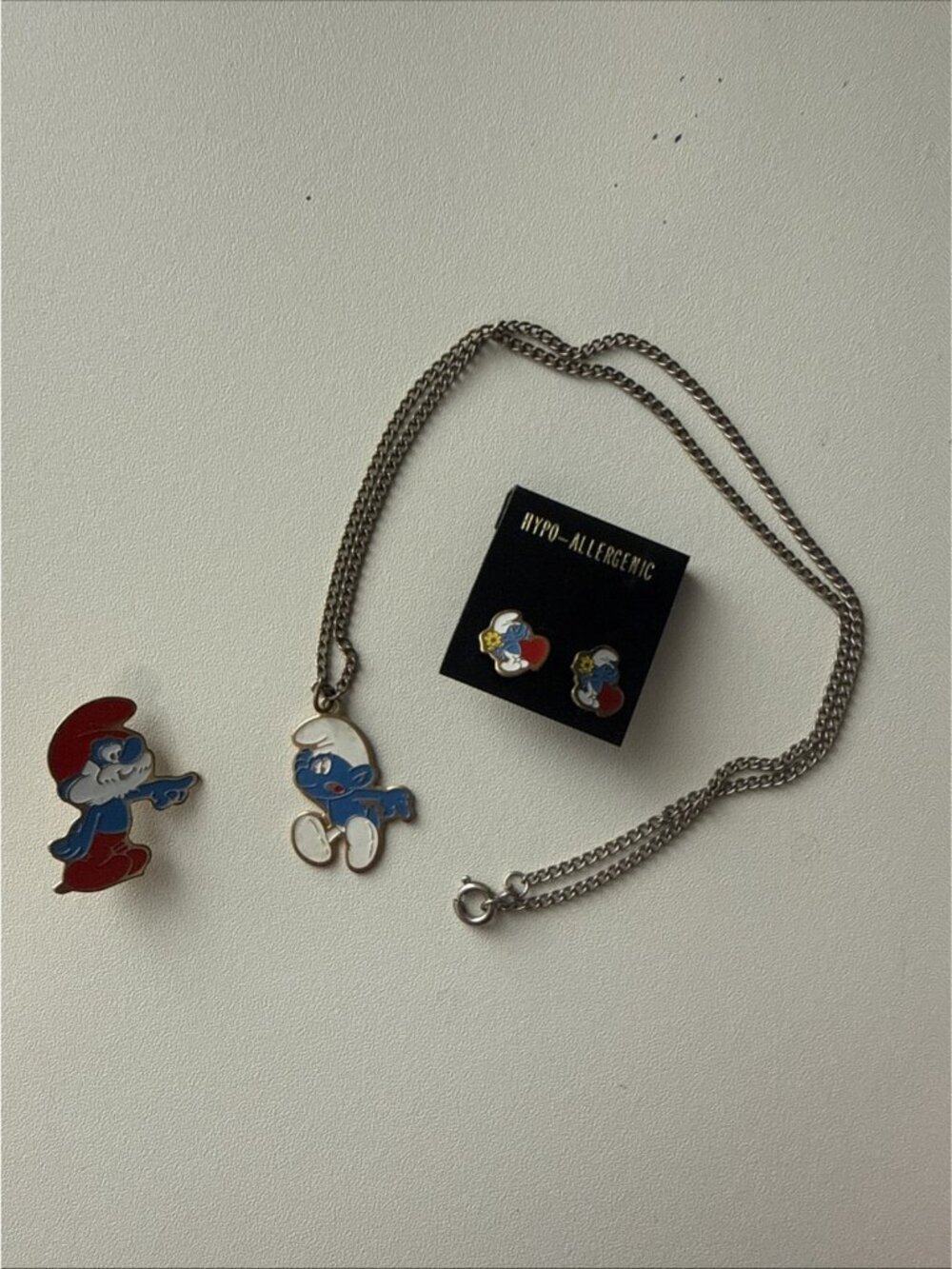 Vintage 1980s Smurf Jewelry Lot Pin Necklace Earrings Papa Smurf Peyo SEPP